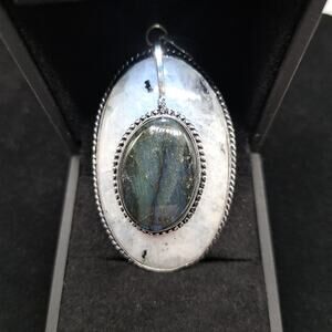 Rainbow Moonstone Fiery Blue Flash Labradorite Pendant, 3", 925 Silver Plated